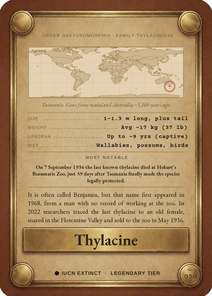 Thylacine (Tasmanian tiger) card, back